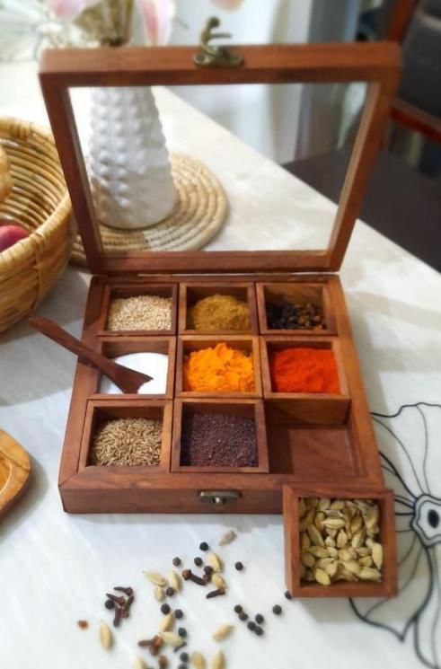 Wooden Spice Box - 9 Containers Spice Box with Wooden Spoon