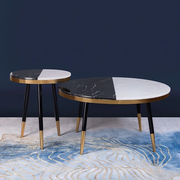 Yin-Yang Nesting Coffee Table - Black Marble Top Centre Table with Stool | Combo Pack of 2 Handmade Center Round Tea Table with End Table in Golden Sides and Legs