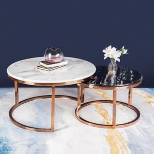 The Umami Nesting Coffee Table Set of 2 - Gold (Stainless Steel ) (Black & White Stone Combo)