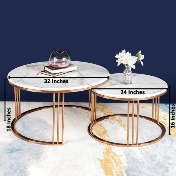 Mystique Tube Nesting Coffee Table Set of 2 - Rose Gold (Stainless Steel) | Round Centre Table for Drawing Room | White Marble Top Tea Tables for Living Room