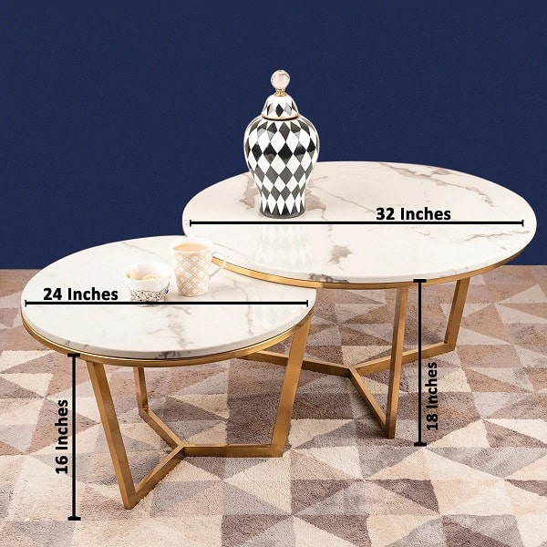 Spider Three Legged Nesting Coffee Table - White Marble Top (Stainless Steel) | Golden Coffee Table for Living Room | Metallic Centre Table for Drawing Room | White Marble Top Tea Table in Set of 2