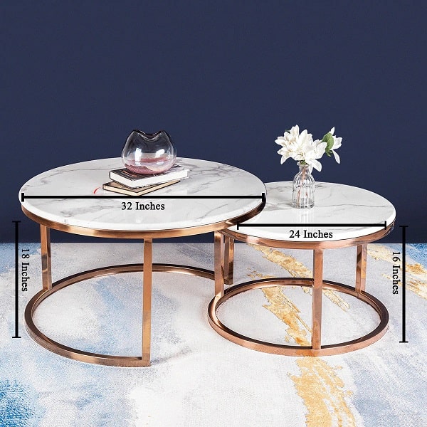Nesting Coffee Table Umami Set of 2 - Rose Gold Centre Tables for Living Room | Marble Top Center Table for Drawing Room |