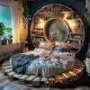 Round Low Floor Wooden Bed with Backside Shelves
