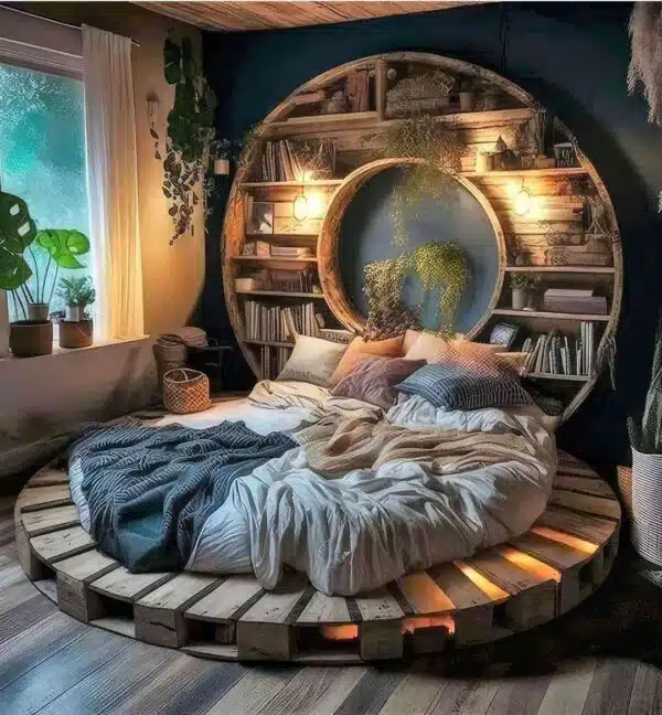 Round Low Floor Wooden Bed with Backside Shelves