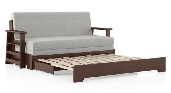3 Seater Pull Out Sofa Cum Bed In Vapour Brown Color | Foldable Sofa Cum Bed Design in Wood