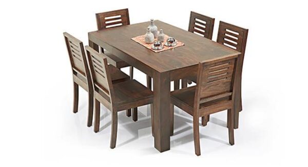 Arabia Capra Solid Wood 6 Seater Dining Table With Set Of Chairs In Teak Finish