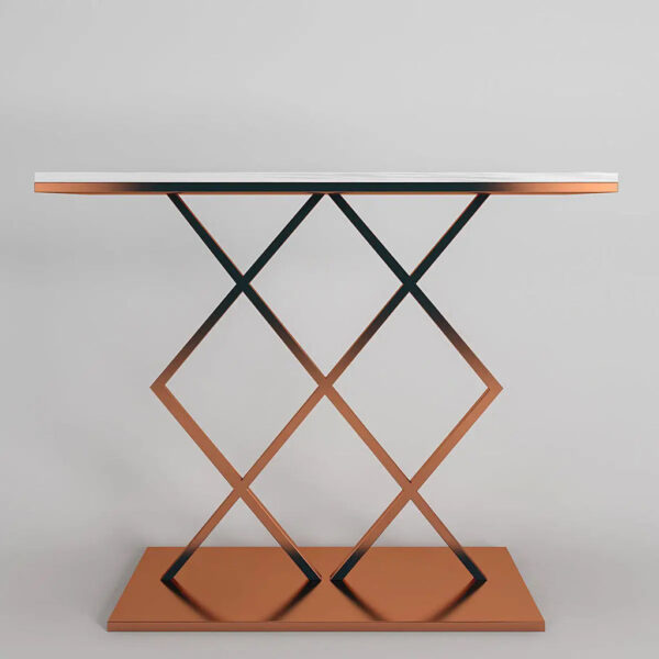 Copper Console Table In Geometric Criss Cross Pattern