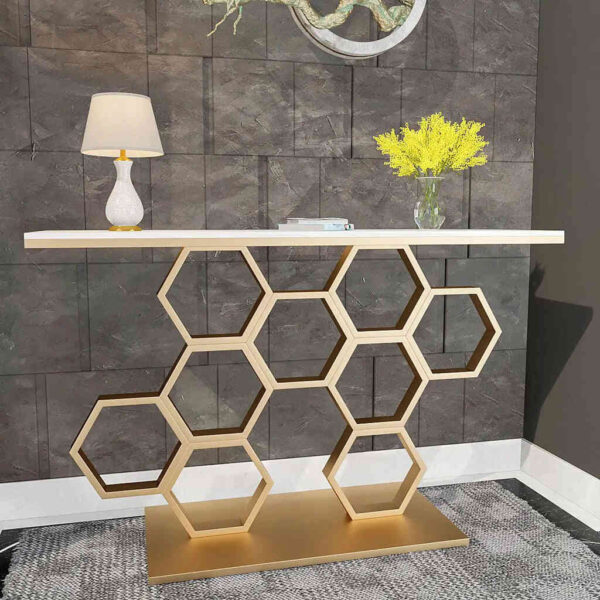 Honeycomb Motif Golden Metal Console Table