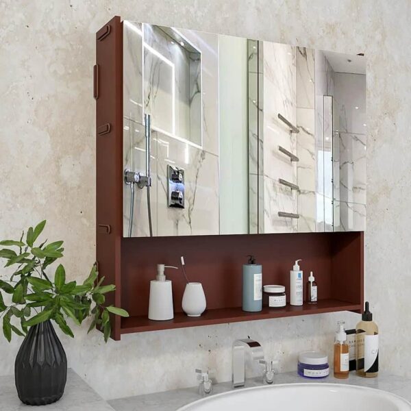 Premium Wooden Brown Bathroom Cabinet with Mirror & 4 Spacious Shelves