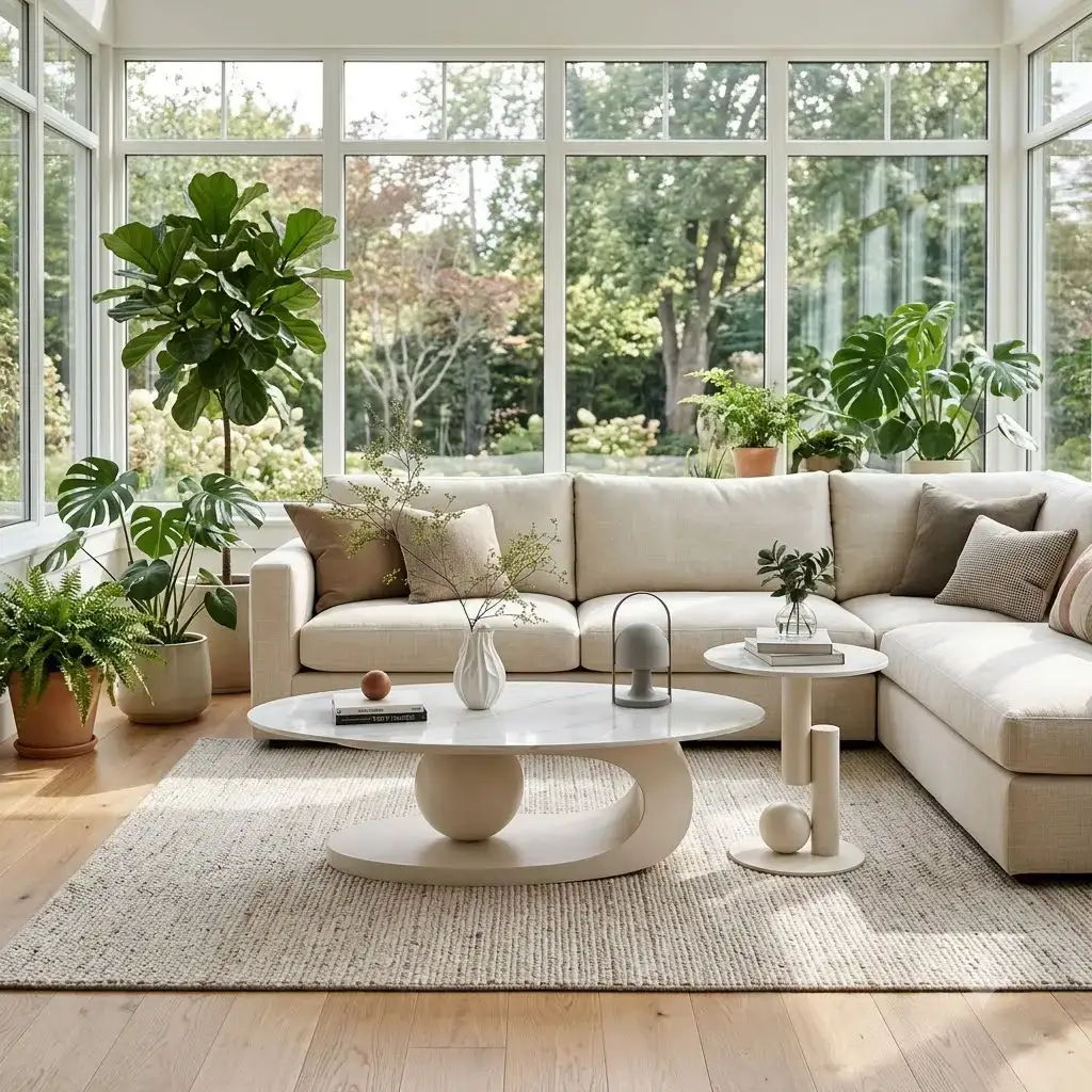 White Center Table for Living Room with Italian Composite Marble Top - Stainless Steel Frame Centre Table Design with Side Table 8 white center table for living room