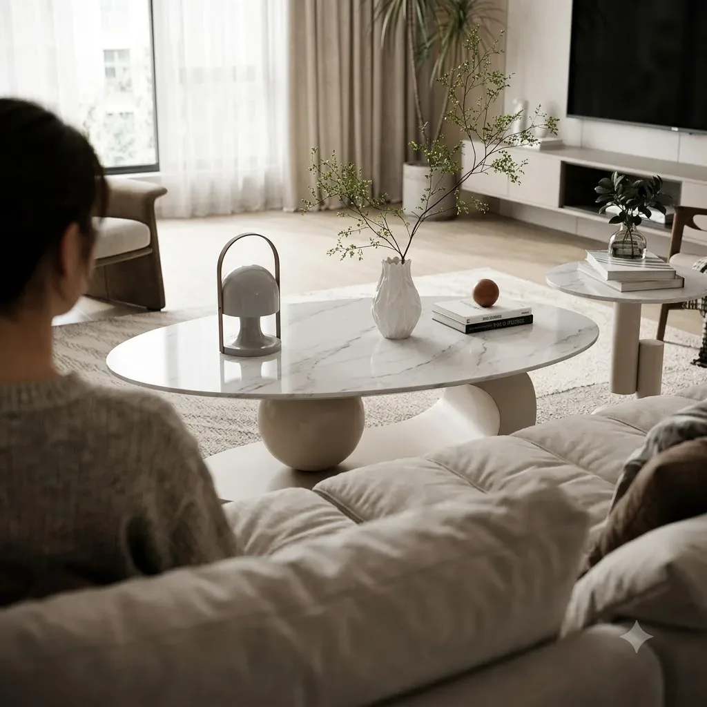 White Center Table for Living Room with Italian Composite Marble Top - Stainless Steel Frame Centre Table Design with Side Table 6 white center table for living room