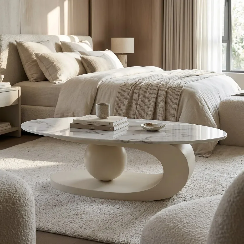 White Center Table for Living Room with Italian Composite Marble Top - Stainless Steel Frame Centre Table Design with Side Table 5 white center table for living room
