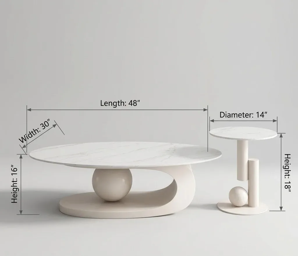 White Center Table for Living Room with Italian Composite Marble Top - Stainless Steel Frame Centre Table Design with Side Table 4 white center table for living room