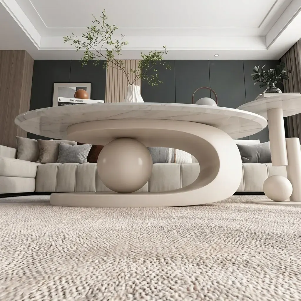 White Center Table for Living Room with Italian Composite Marble Top - Stainless Steel Frame Centre Table Design with Side Table 3 white center table for living room