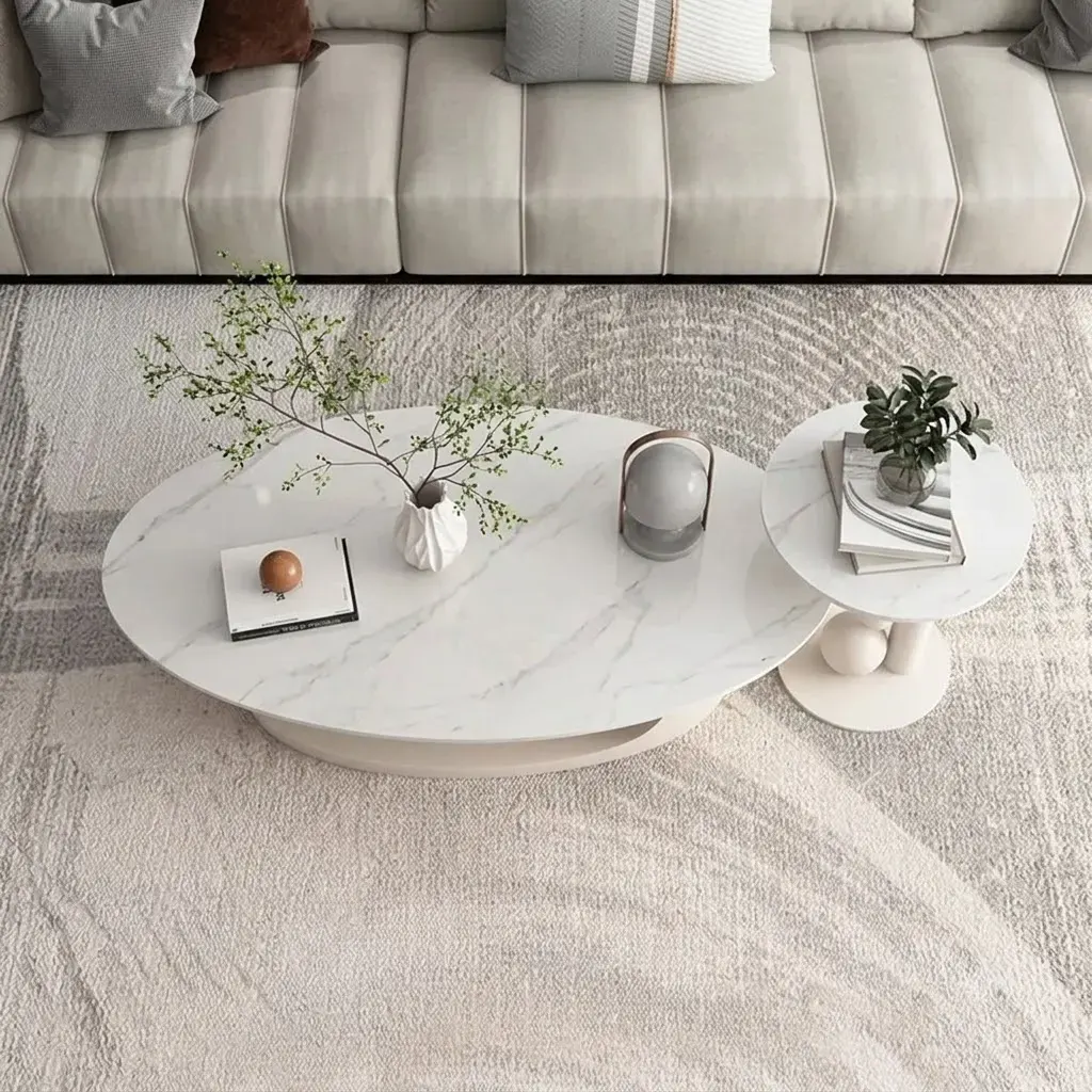 White Center Table for Living Room with Italian Composite Marble Top - Stainless Steel Frame Centre Table Design with Side Table 2 white center table for living room