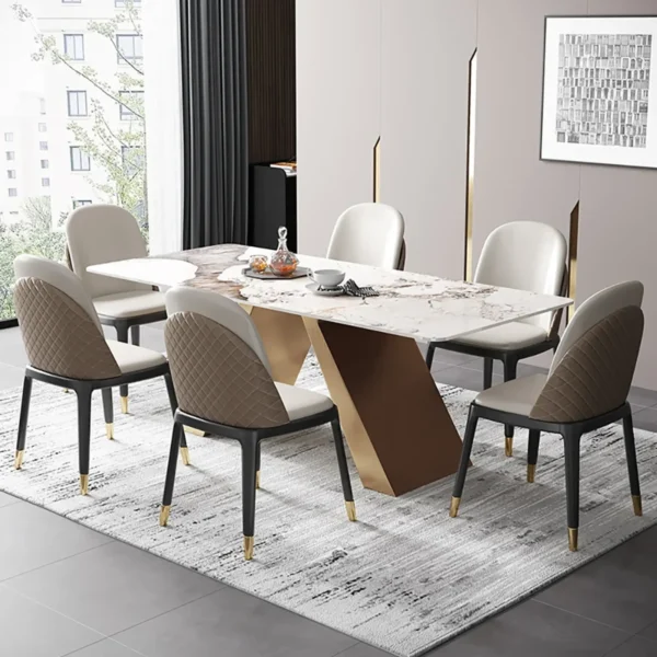 Luxurious Marble Top Dining Table with Gold Stainless Steel Base - Italian Composite Marble Top with PVD Coating on Base