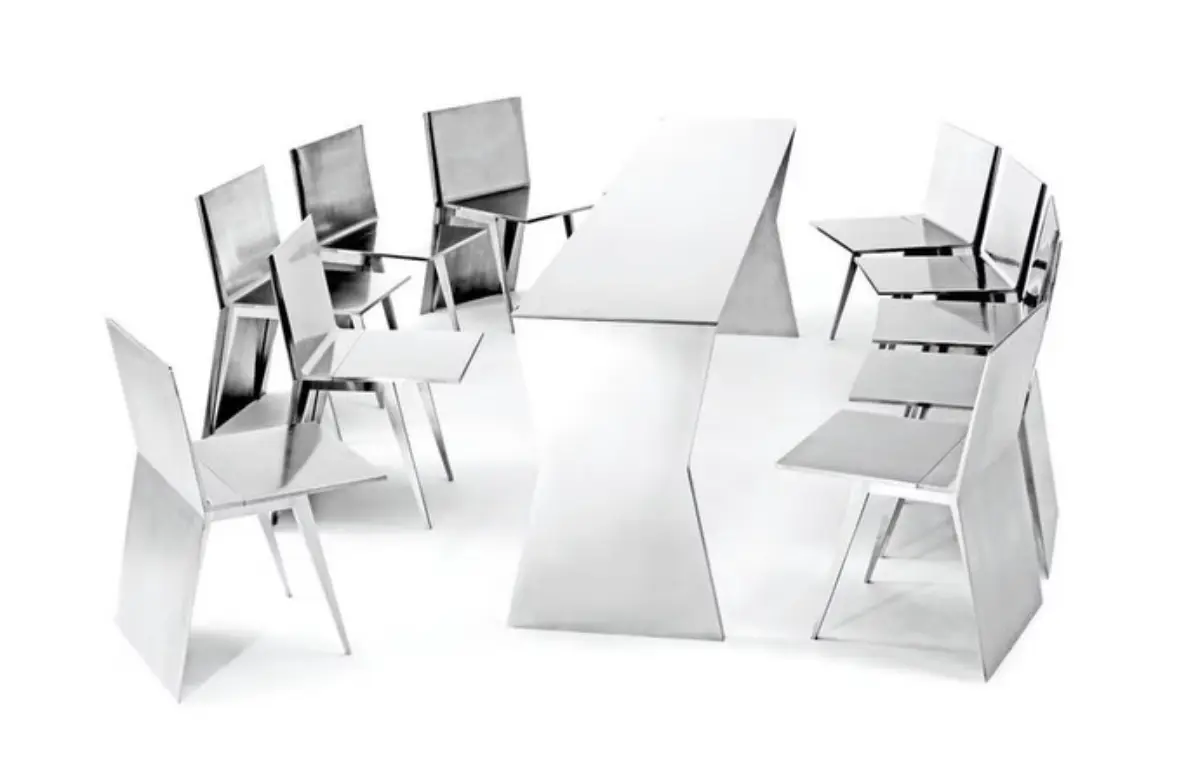 Polished Stainless Steel Dining Table Set - Tailor Made Dining Table with 10 Sleek Chairs for Scandavian Look 3 polished stainless steel